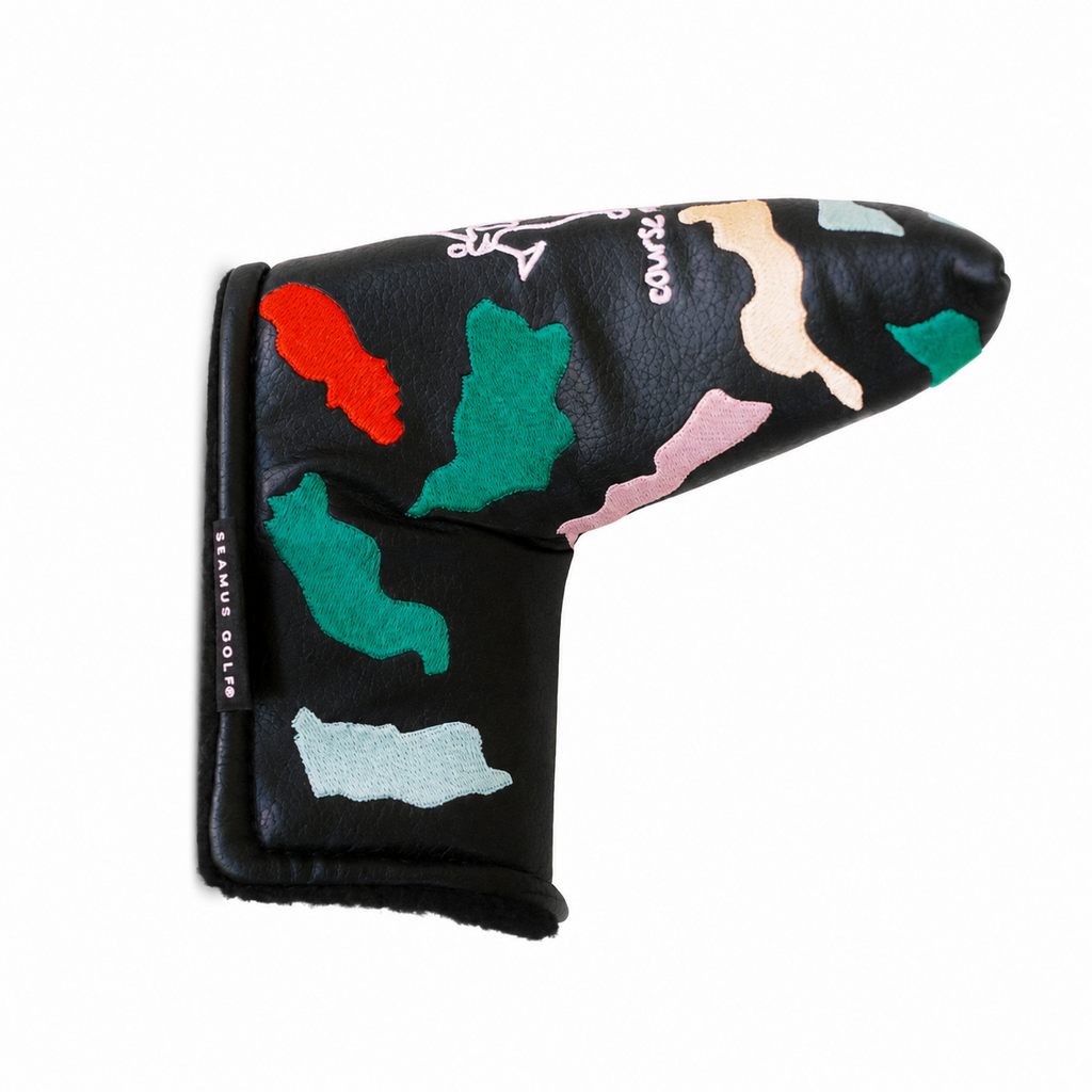 A black golf club headcover with a colorful golf course pattern, featuring white embroidered branding.
