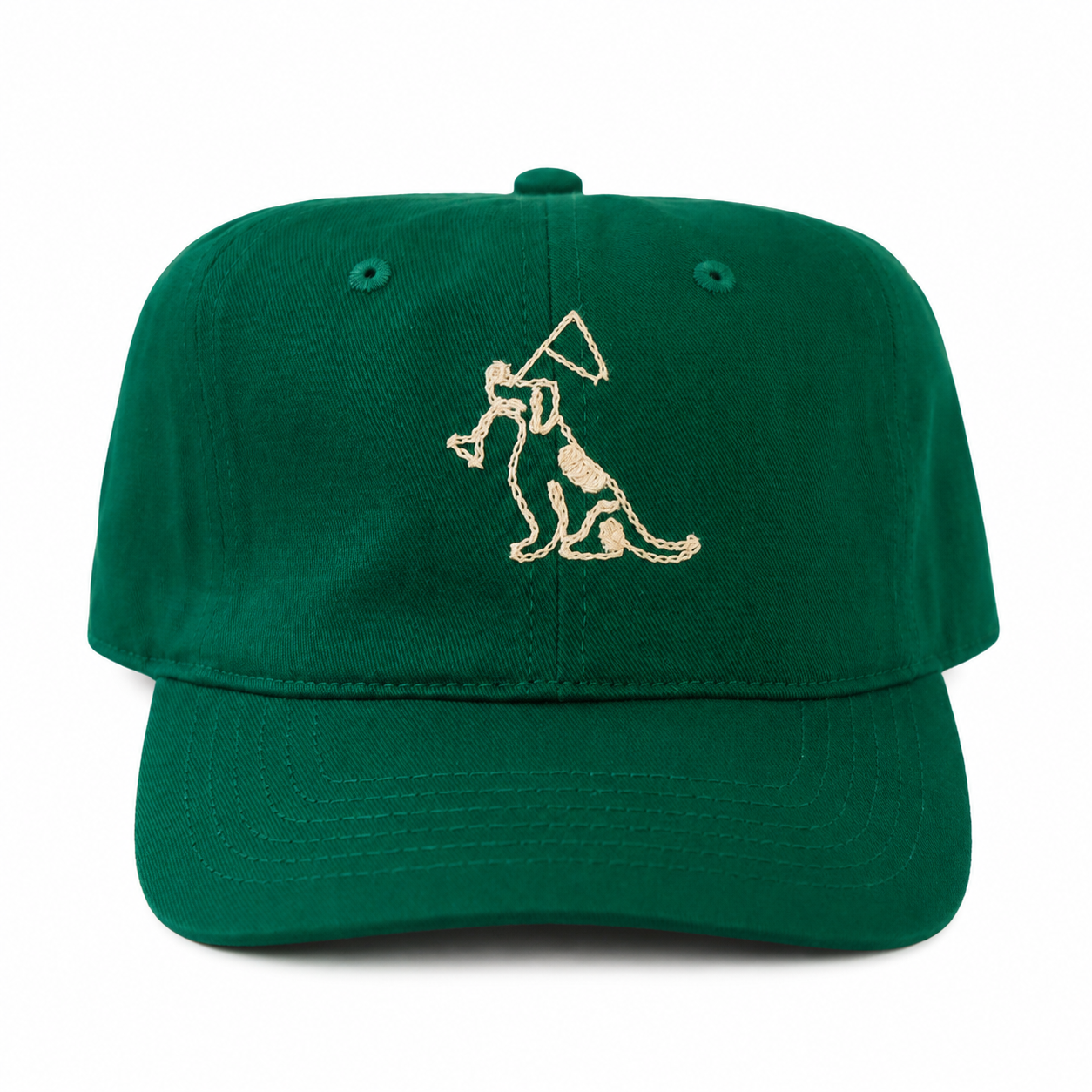 A green baseball cap featuring an embroidered graphic of a dog holding a flag on the front panel, set against a plain white background.