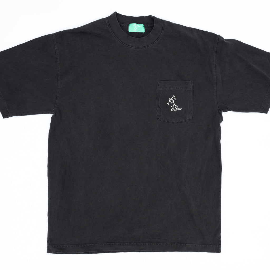 A black cotton crewneck pocket t-shirt with a small white embroidered dog logo on the left chest, displayed flat against a white background.