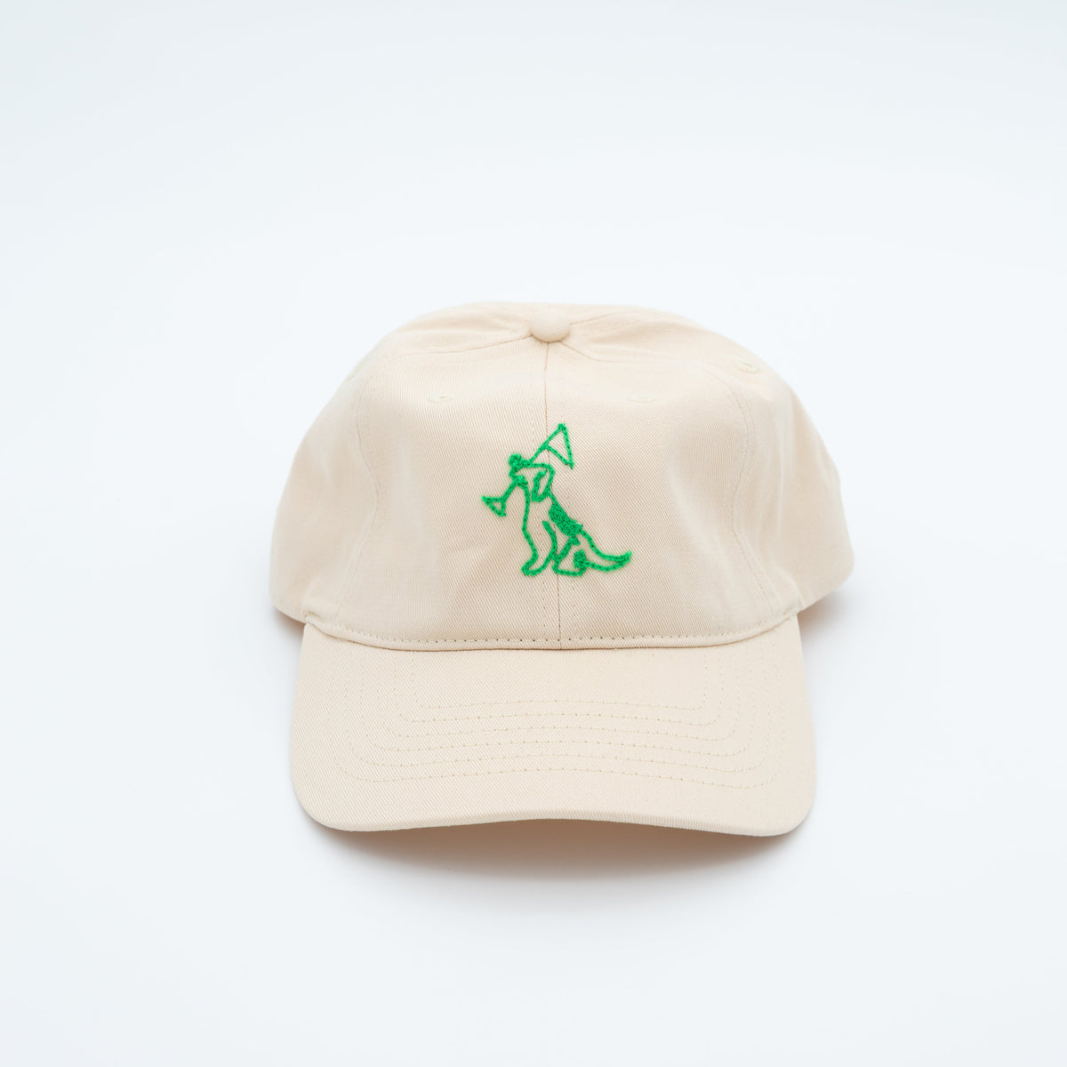 A white baseball cap with a small green embroidered dogon the front, photographed against a clean white background.