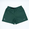 Dark green athletic shorts with an elastic waistband and a black belt, featuring a small white embroidered dog logo on the left leg and a small white script logo on the right leg, displayed flat on a white background.