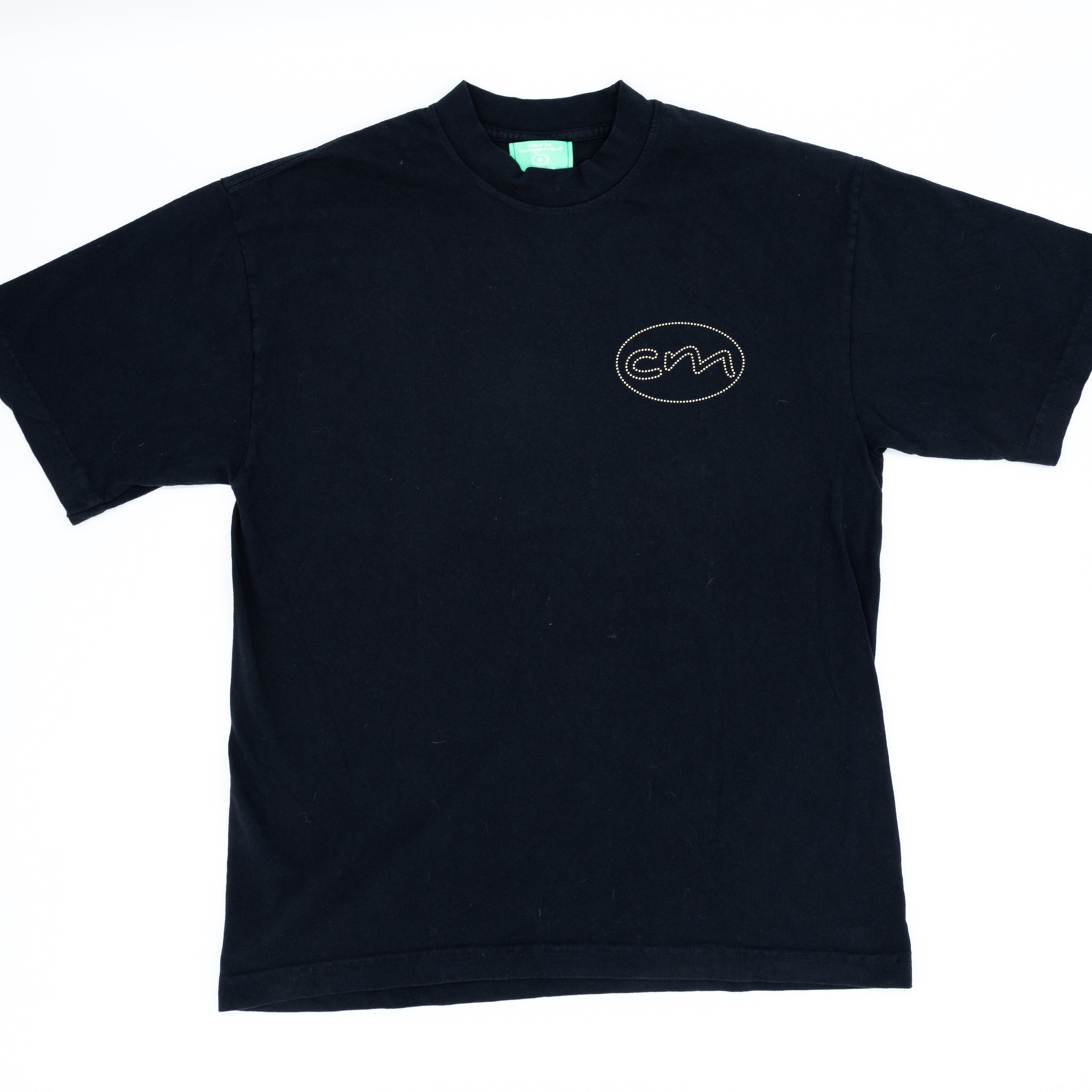A black short-sleeve t-shirt with a small white outline logo on the left chest, displayed flat against a white background.