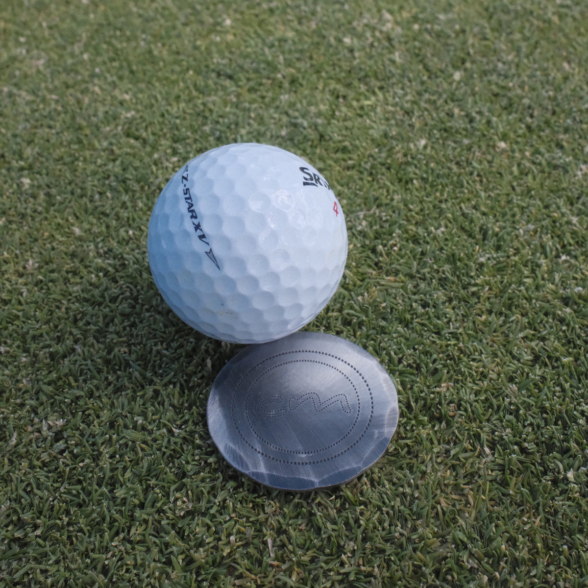Golf ball sitting on top of Course Management ball mark on the golf course.