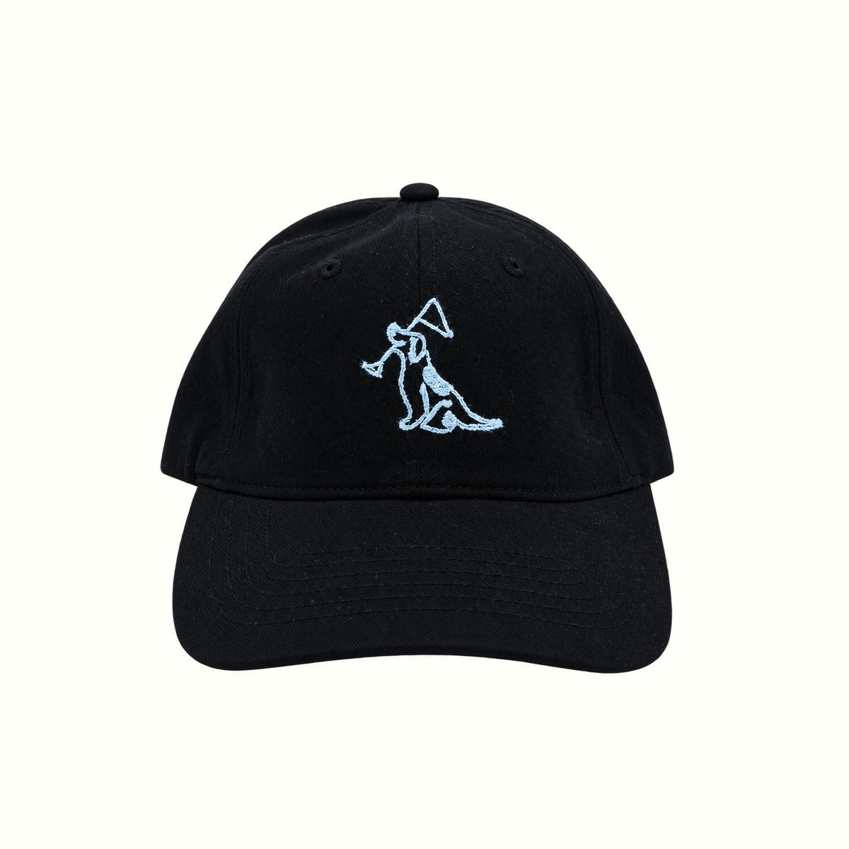 A black baseball cap with a light blue embroidered graphic of a dog, shown against a plain white background.