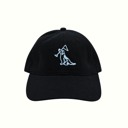 A black baseball cap with a light blue embroidered graphic of a dog, shown against a plain white background.