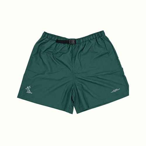 Dark green athletic shorts with an elastic waistband and a black belt, featuring a small white embroidered logo on each leg, displayed flat against a light off-white background.