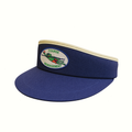A navy blue visor hat with a yellow-colored inner band and a circular embroidered patch on the front that reads 'COURSE MANAGEMENT' with a green frog illustration, shown against a plain white background.